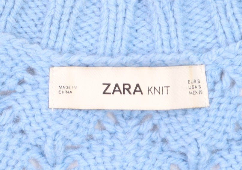 Zara Women Blue V-Neck Open-Knit Acrylic Jumper Size 8