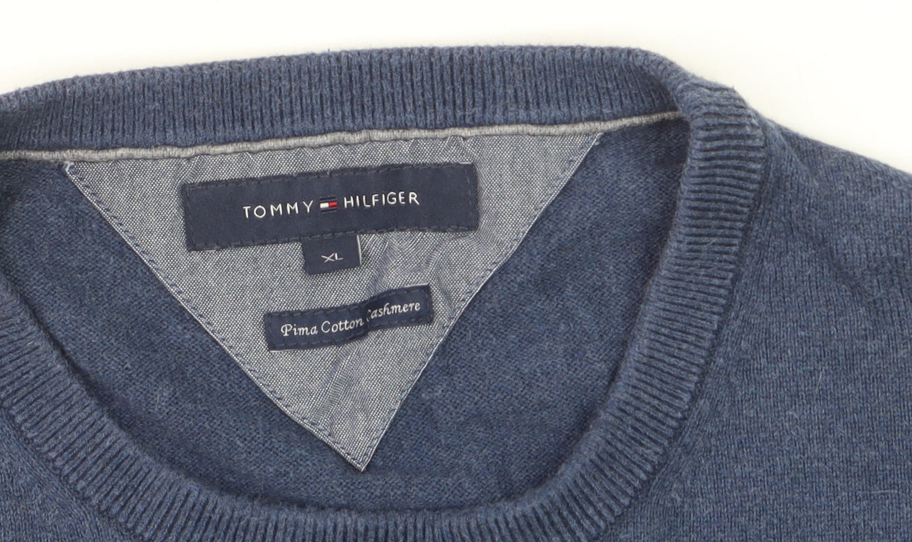 Tommy Hilfiger Men's Blue Cotton Cashmere Jumper XL Crew Neck