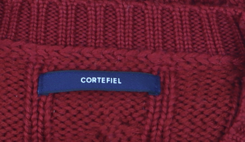 Cortefiel Men Red Cable-Knit Wool Blend Crew Neck Jumper L
