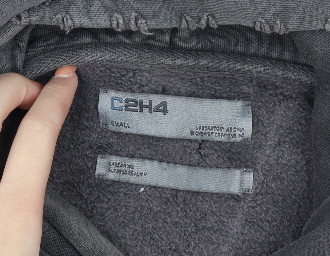 C2H4 Men's Grey Distressed Pullover Hoodie Small Grunge Zip Style