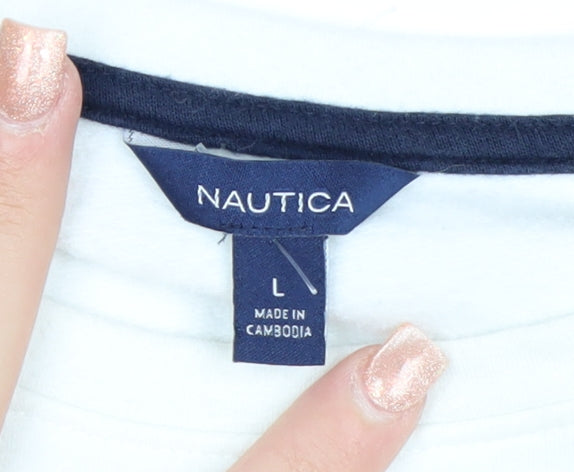 Nautica Women's White Striped Pullover Sweatshirt Size L Cotton Blend