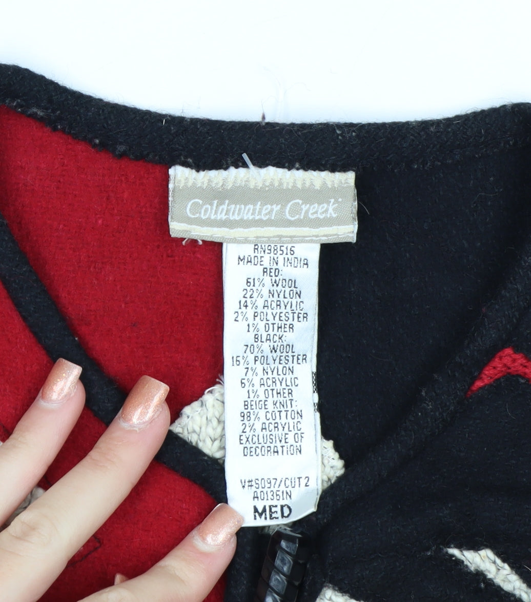 Coldwater Creek Women Red Black Geometric Wool Knit Cardigan M