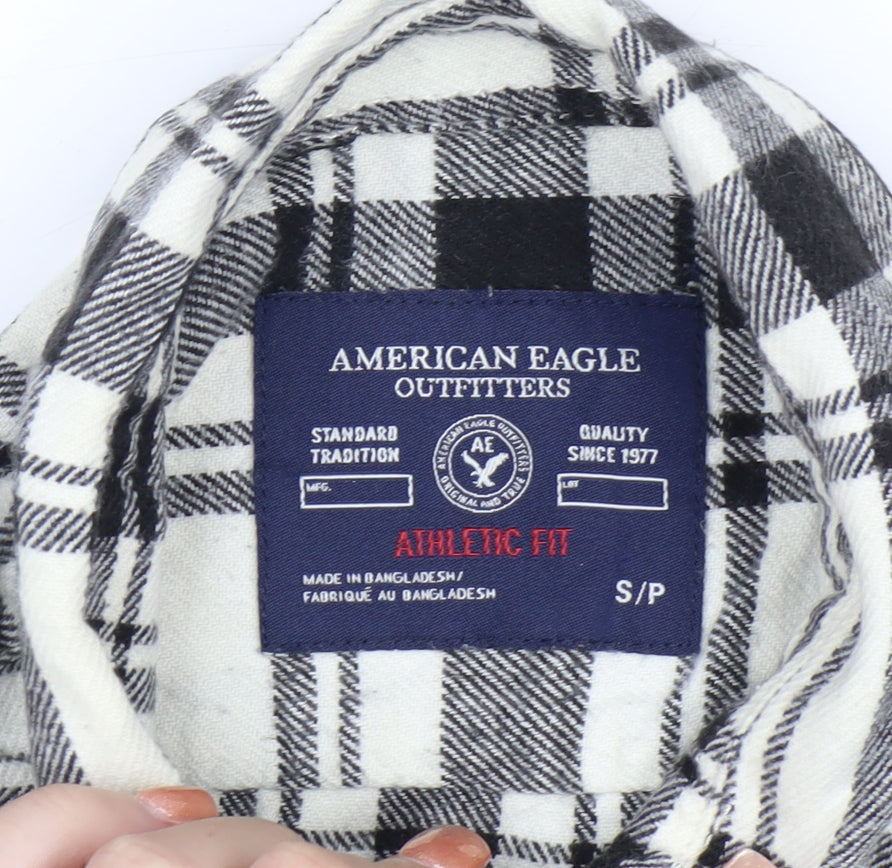 American Eagle Outfitters Men's White Check Flannel Button-Up Shirt Size S Athletic Fit