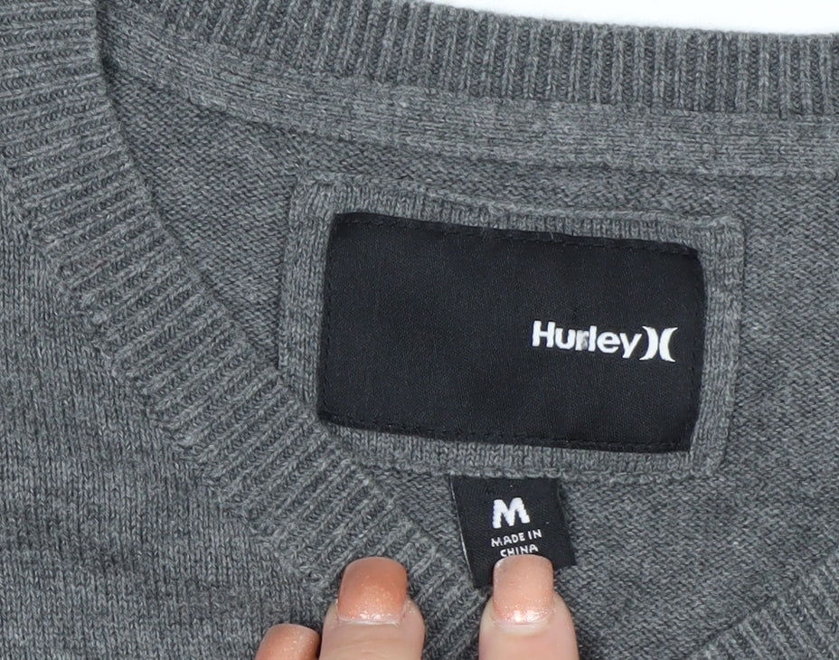 Hurley Men Grey V-Neck Cotton Pullover Jumper Medium