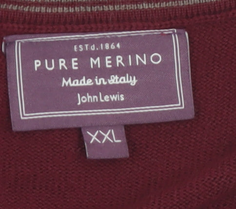 John Lewis Men Red 2XL V-Neck Pure Merino Wool Jumper