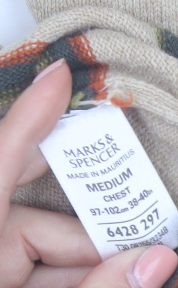 Marks & Spencer Men's Beige Striped Wool Crew Neck Jumper M