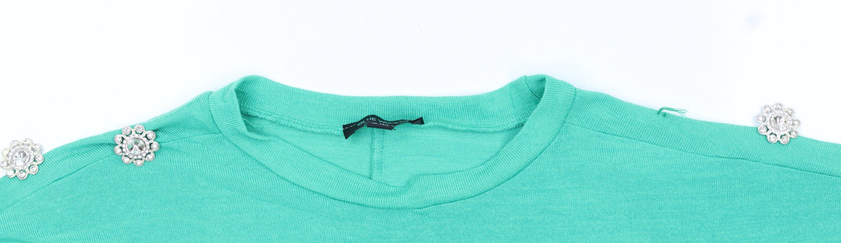 Blue Vanilla Women's Green Beaded Shoulder Crew Neck T-Shirt Size M