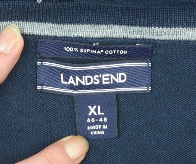 Lands' End Men's Blue Cotton V-Neck Jumper XL Classic Fit