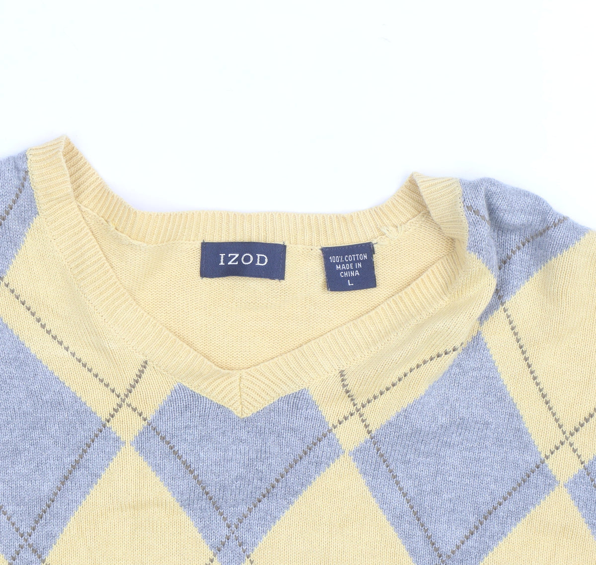 IZOD Men's Yellow Argyle Cotton V-Neck Jumper Size L