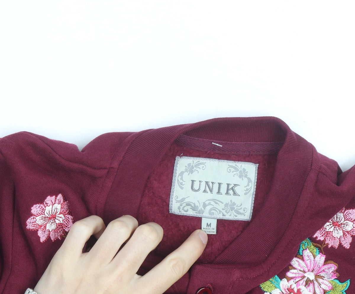 UNIK Women's Burgundy Embroidered Floral Cardigan M Cotton Blend