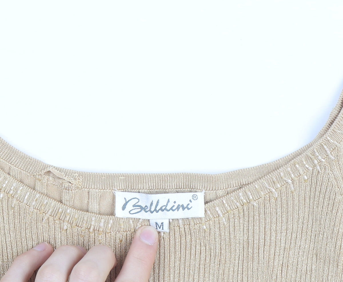 Belldini Women Beige Beaded Boat Neck Ribbed Knit Jumper M