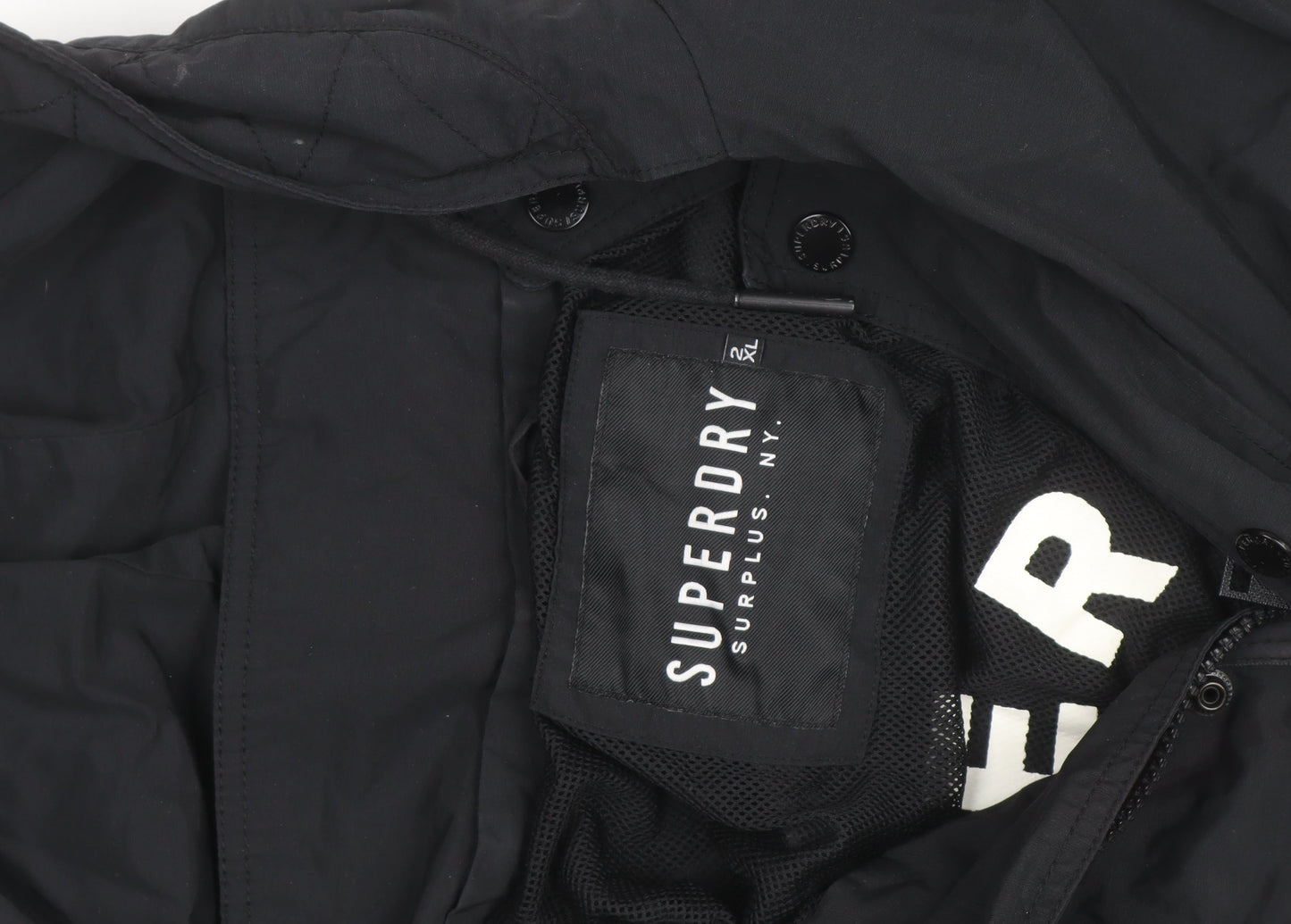 Superdry Mens Black Parka Jacket 2XL Hooded Lined Winter Coat