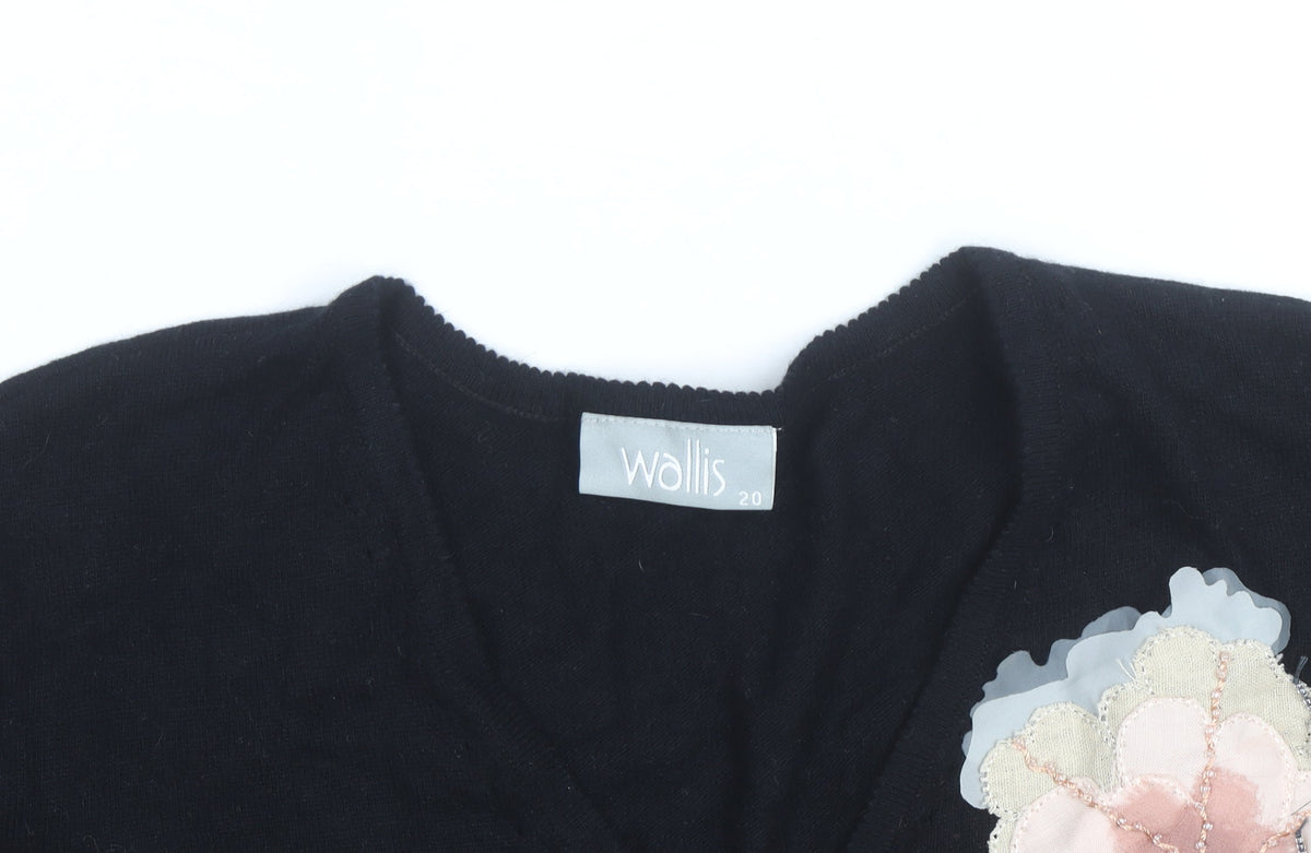 Wallis Women Black Floral Embellished V-Neck Jumper Size 20