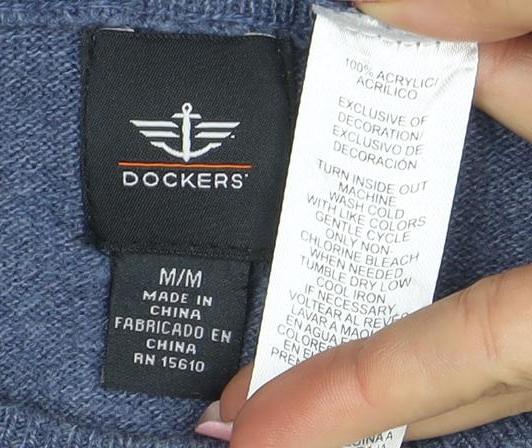 Dockers Men's Blue Argyle Crew Neck Acrylic Jumper Size M