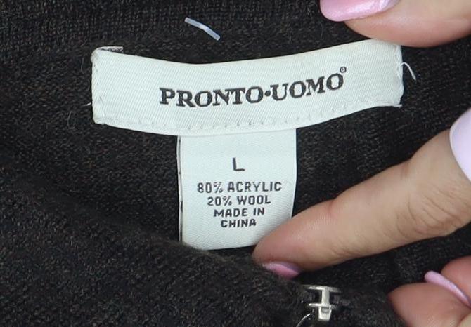Pronto-Uomo Men's Brown L 1/4 Zip Collared Check Wool Blend Jumper