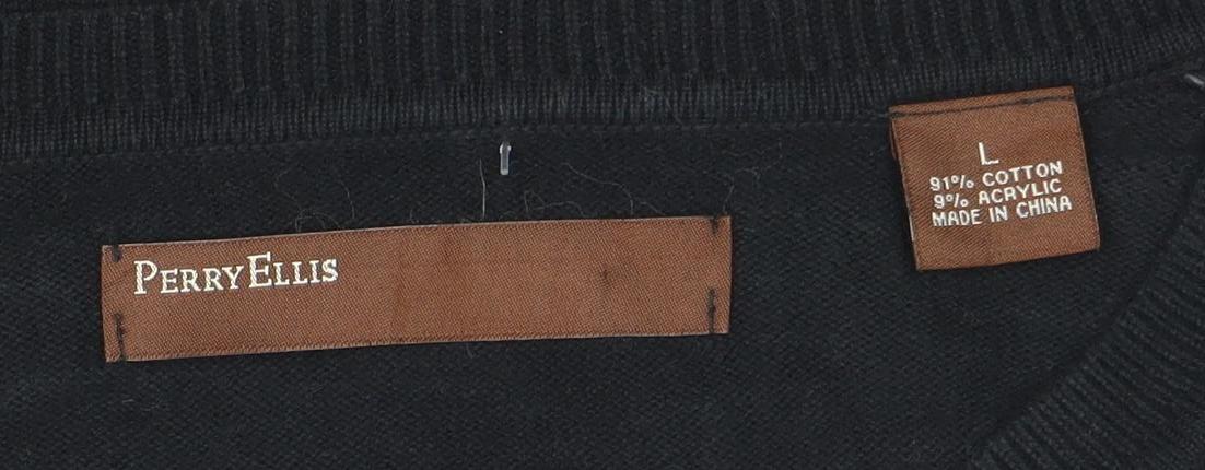 Perry Ellis Men's Black & Grey Argyle Cotton Blend V-Neck Jumper L