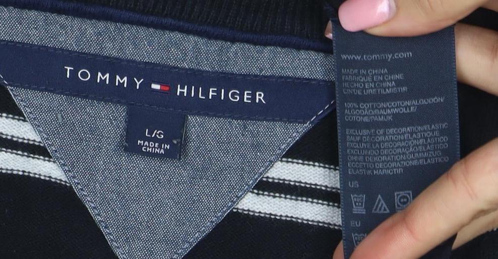 Tommy Hilfiger Men's Black V-Neck Striped Cotton Pullover Jumper L