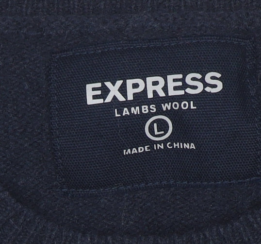 Express Men's Blue Argyle Lambswool Jumper Size L Crew Neck