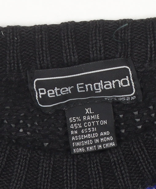 Peter England Men's Multicoloured XL Retro Geometric Chunky Knit Jumper