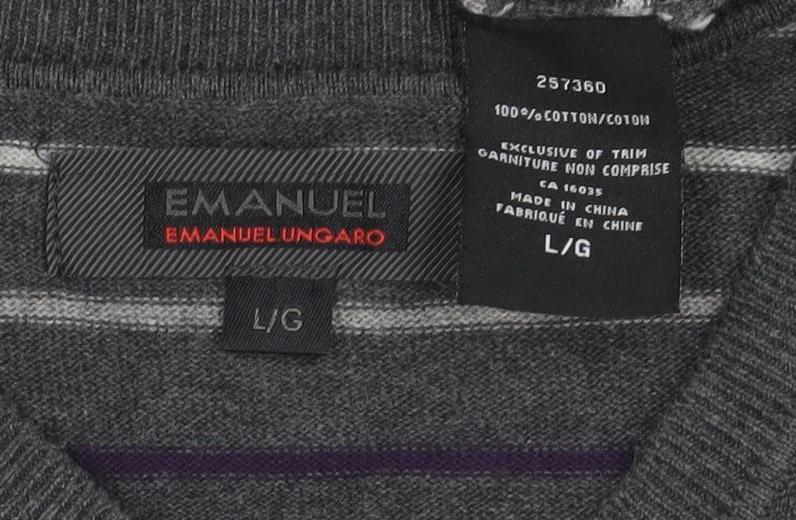 Emanuele Ungaro Men’s Grey Striped V-Neck Cotton Jumper Size L