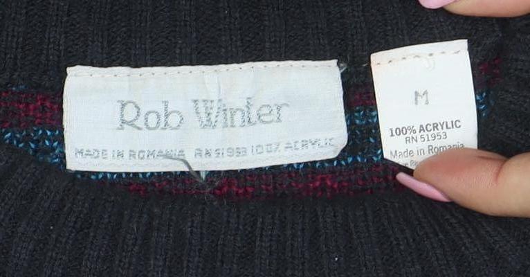 Rob Winter Men's Black Fair Isle Knit Jumper M Acrylic 90s Style