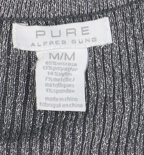 Pure Alfred Sung Women Grey Metallic Cardigan M V-Neck Button Ribbed Knit