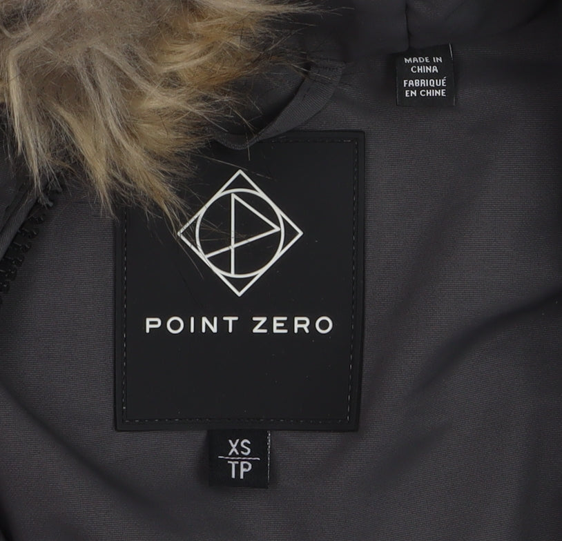 Point Zero Women's Grey XS Long Puffer Coat with Faux Fur Hood