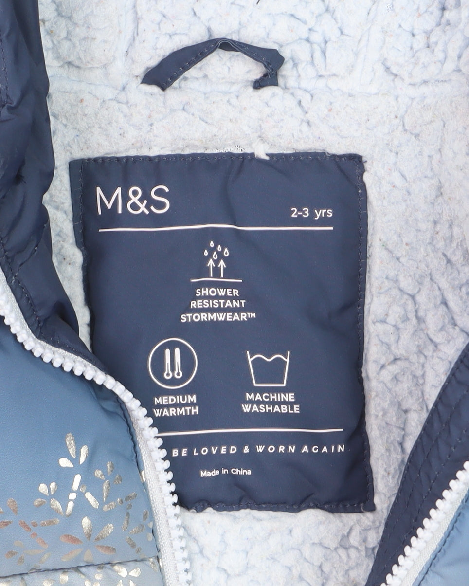 Marks and Spencer Girls Blue Frozen Puffer Jacket 2-3 Years Hooded Winter Coat