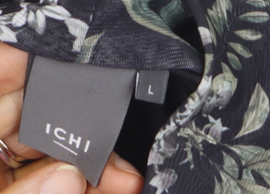 ICHI Women’s Black Floral Long Sleeve Tunic Blouse Size L