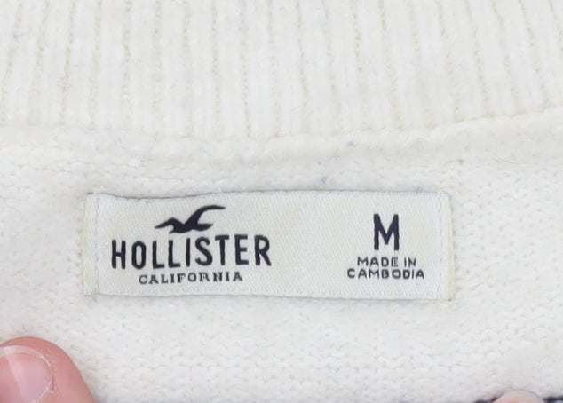 Hollister Women's White Navy Striped V-Neck Knit Jumper M