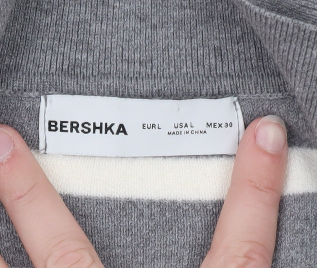 Bershka Women Grey Striped Collared Long Sleeve Pullover Jumper L