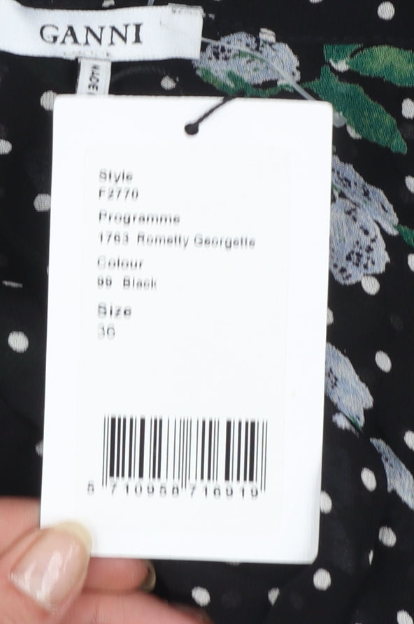 Ganni Women’s Black Floral Polka Dot Wrap Blouse Size 8