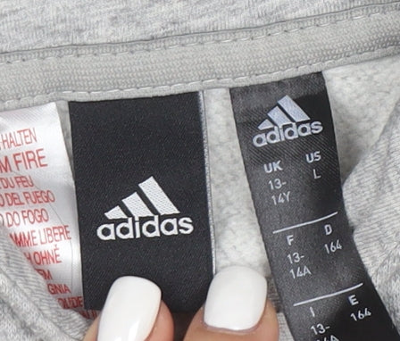 Adidas Boys Grey Hooded Pullover Hoodie 13-14 Years Cotton Blend
