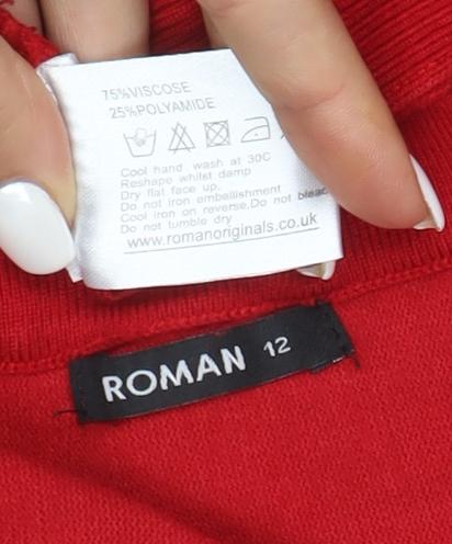 Roman Women’s Red Sequin Floral Tunic Knit Blouse Size 12