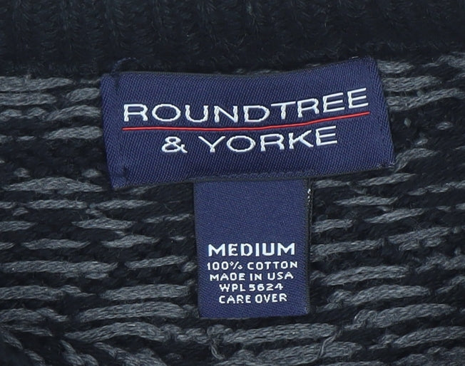 Roundtree & Yorke Men's Black Fair Isle Cotton Crew Neck Jumper Medium
