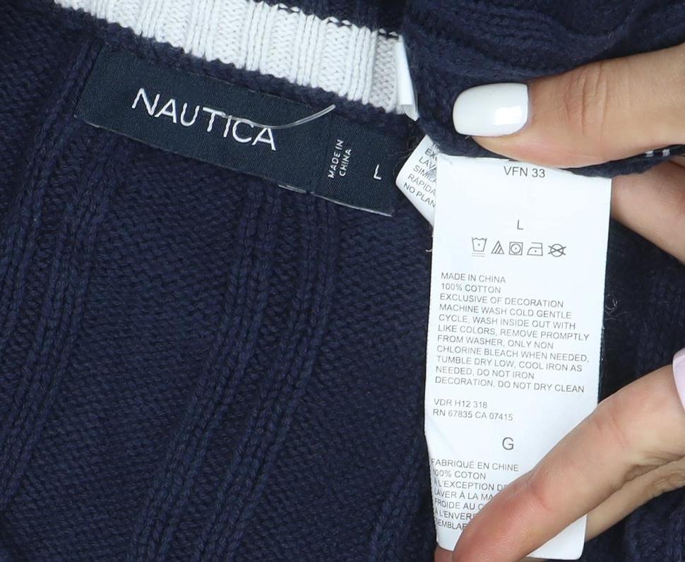 Nautica Men's Blue Cotton Cable-Knit Crew Neck Jumper Size L
