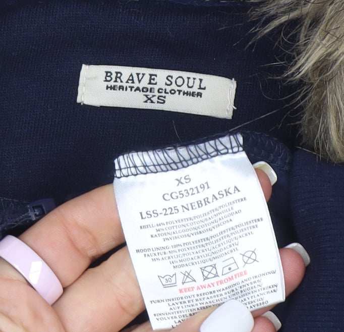 Brave Soul Womens Navy Faux Fur Hooded Full Zip Hoodie XS