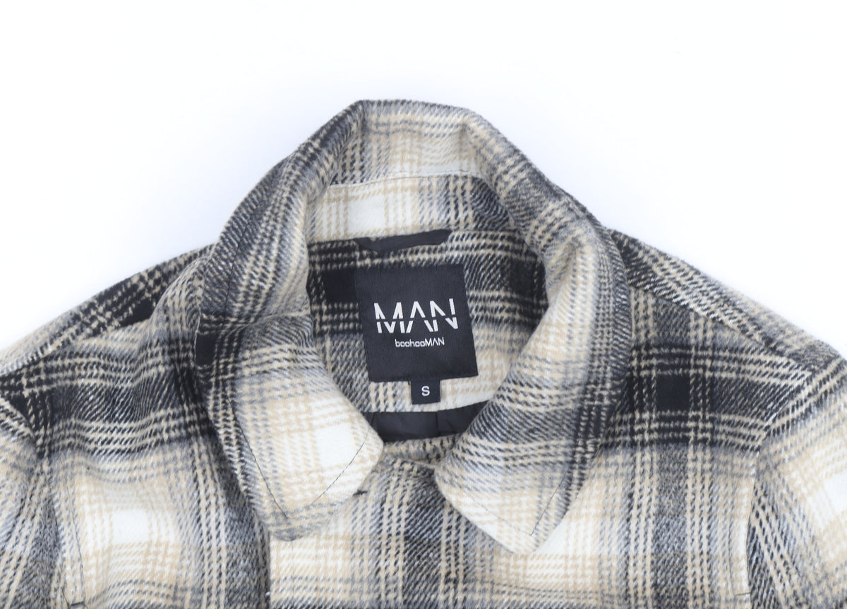 boohooMAN Men’s Beige Check Pea Coat Size S Classic Wool Look