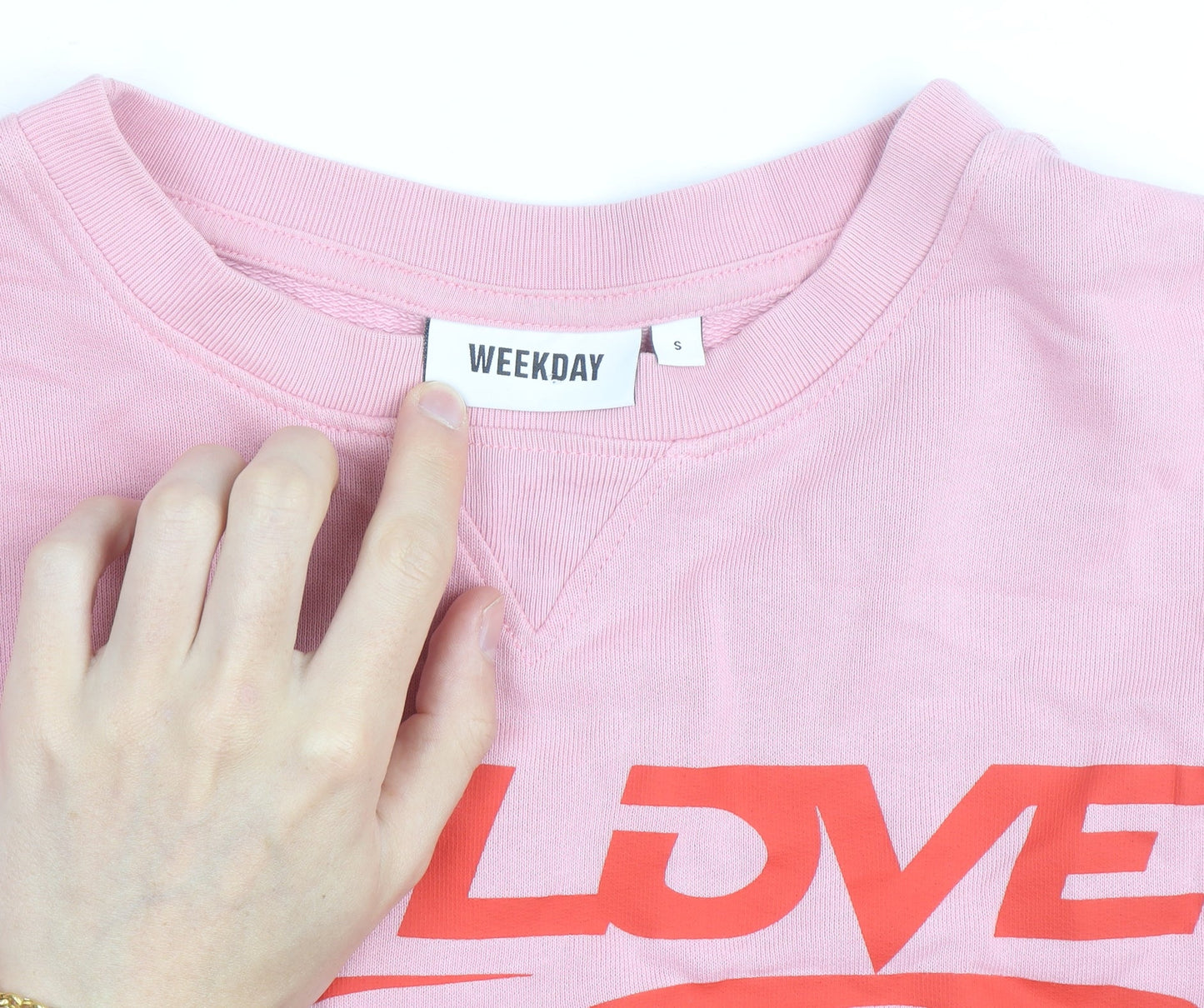 Weekday Women Pink Cotton Pullover Sweatshirt S HD Love Graphic
