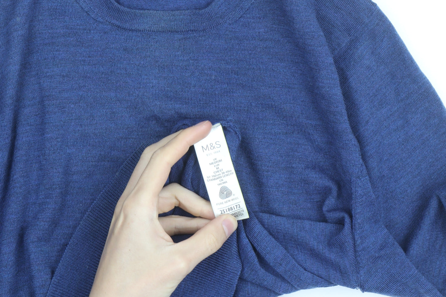 Marks & Spencer Men's Blue Wool Crew Neck Jumper Size M