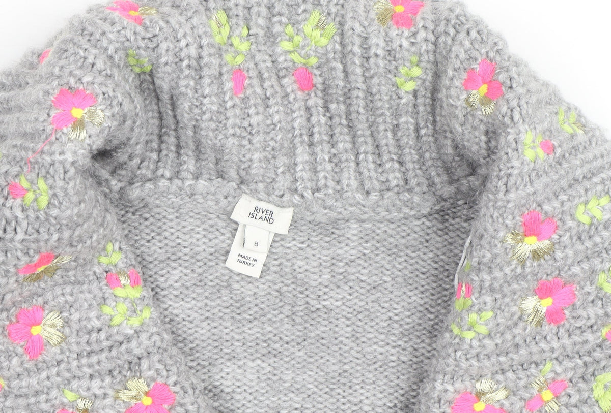 River Island Women Grey Floral Embroidered Chunky Knit Cardigan Size 8