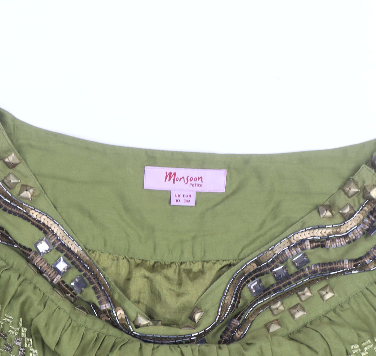 Monsoon Petite Green Beaded A-Line Cotton Skirt Size 10
