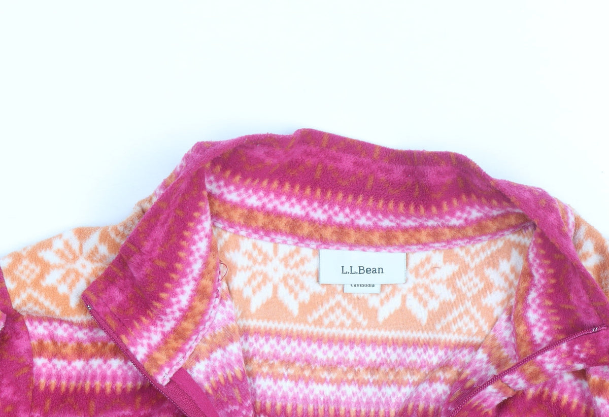 L.L. Bean Women's Pink Orange Fair Isle Fleece Pullover L 1/4 Zip