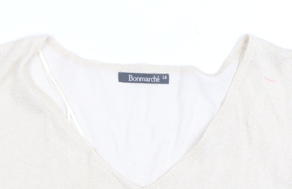 Bonmarché Women’s Beige V-Neck Short Sleeve Lightweight Knit Jumper Size 16