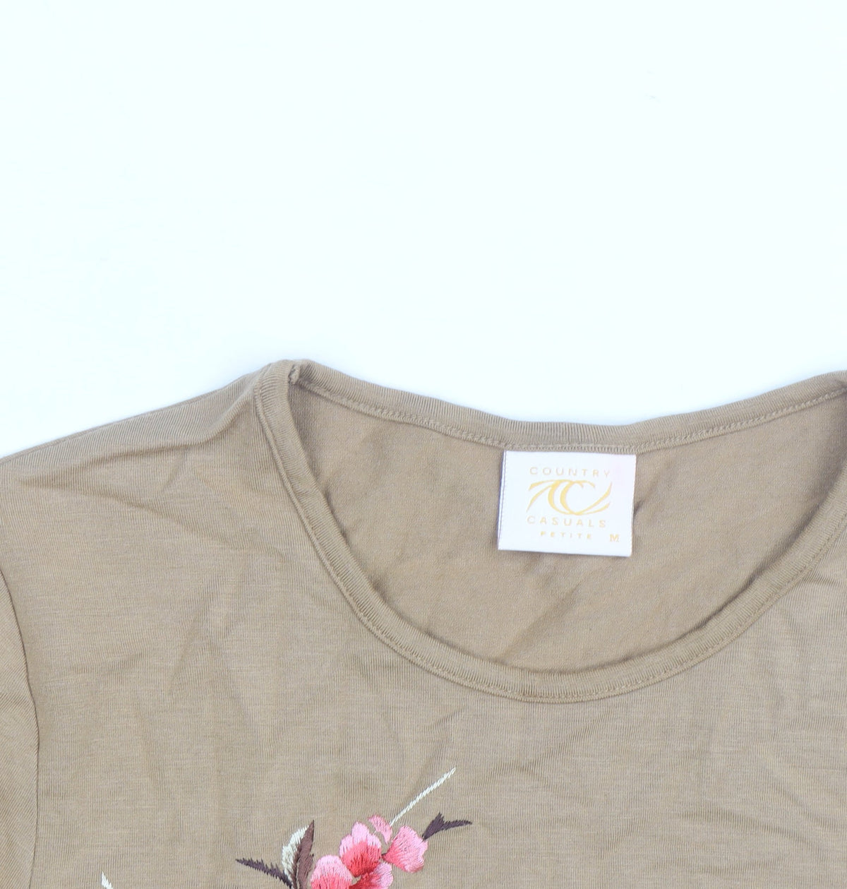 Country Casuals Women Brown Floral Embroidered Long Sleeve T-Shirt Petite M