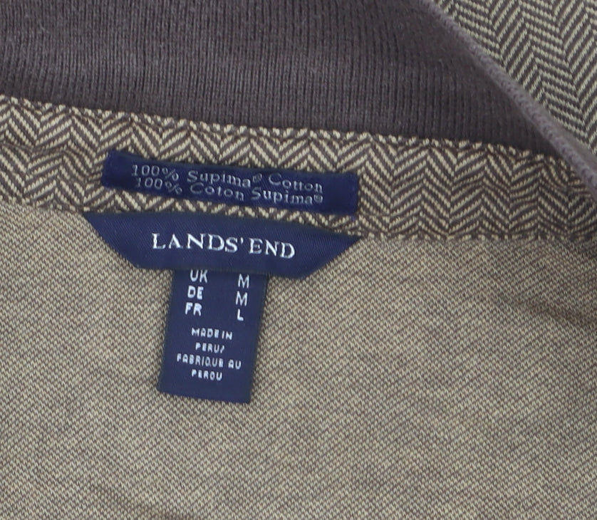 Lands' End Men's Brown Long Sleeve Herringbone Cotton Polo Shirt M