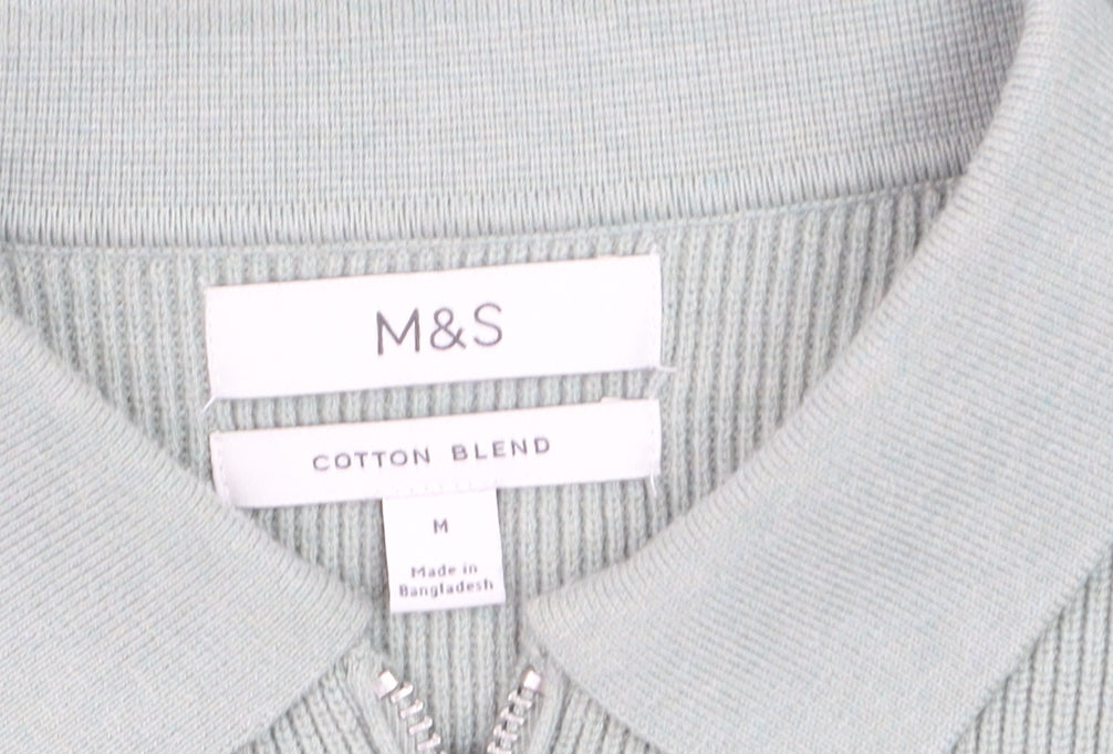 Marks & Spencer Men's Green Collared 1/2 Zip Cotton Blend Jumper M