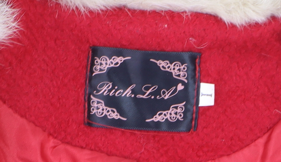Rich L.A Womens Red Wool Blend Faux Fur Trim Belted Coat Size S
