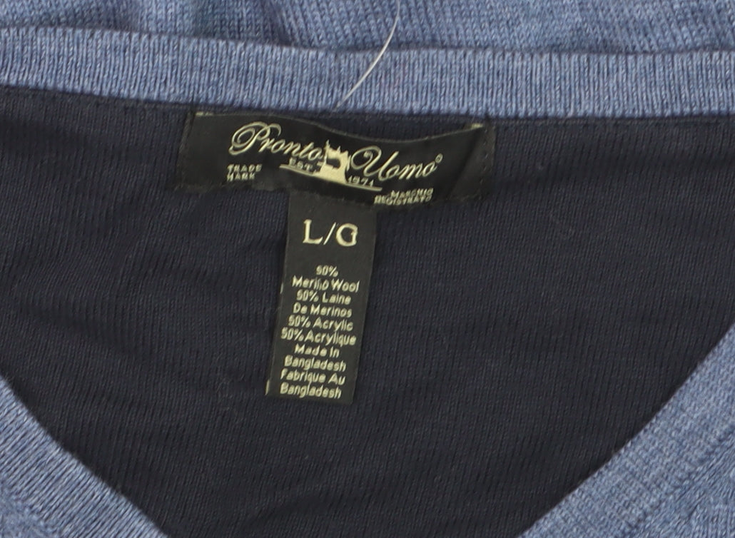Pronto Uomo Men's Blue V-Neck Wool Blend Jumper Size L