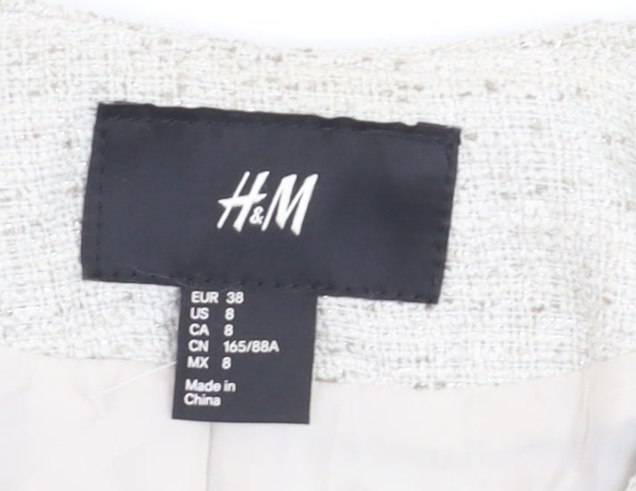 H&M Womens Ivory Bouclé Suit Jacket Size 10 Long Sleeve Asymmetric Zip